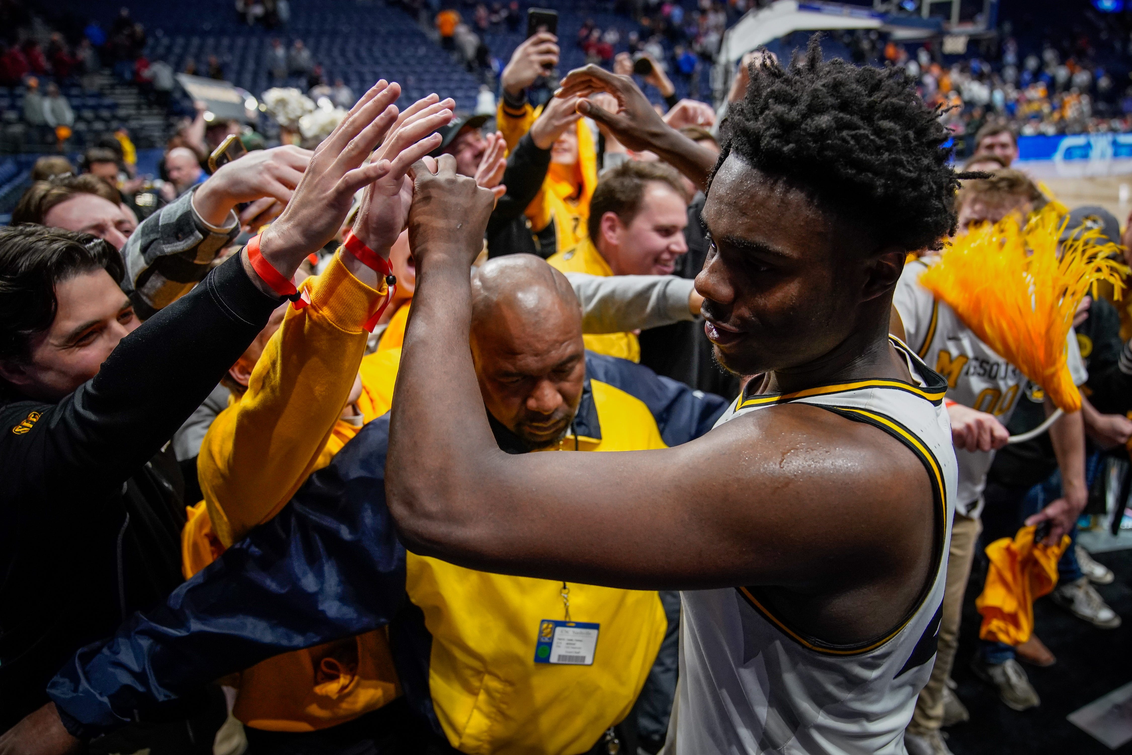 Mar 10, 2023; Nashville, TN, USA; Missouri guard Kobe Brown (24) celebrates after defeating Tennessee in a SEC Mens Basketball Tournament quarterfinal game at Bridgestone Arena.