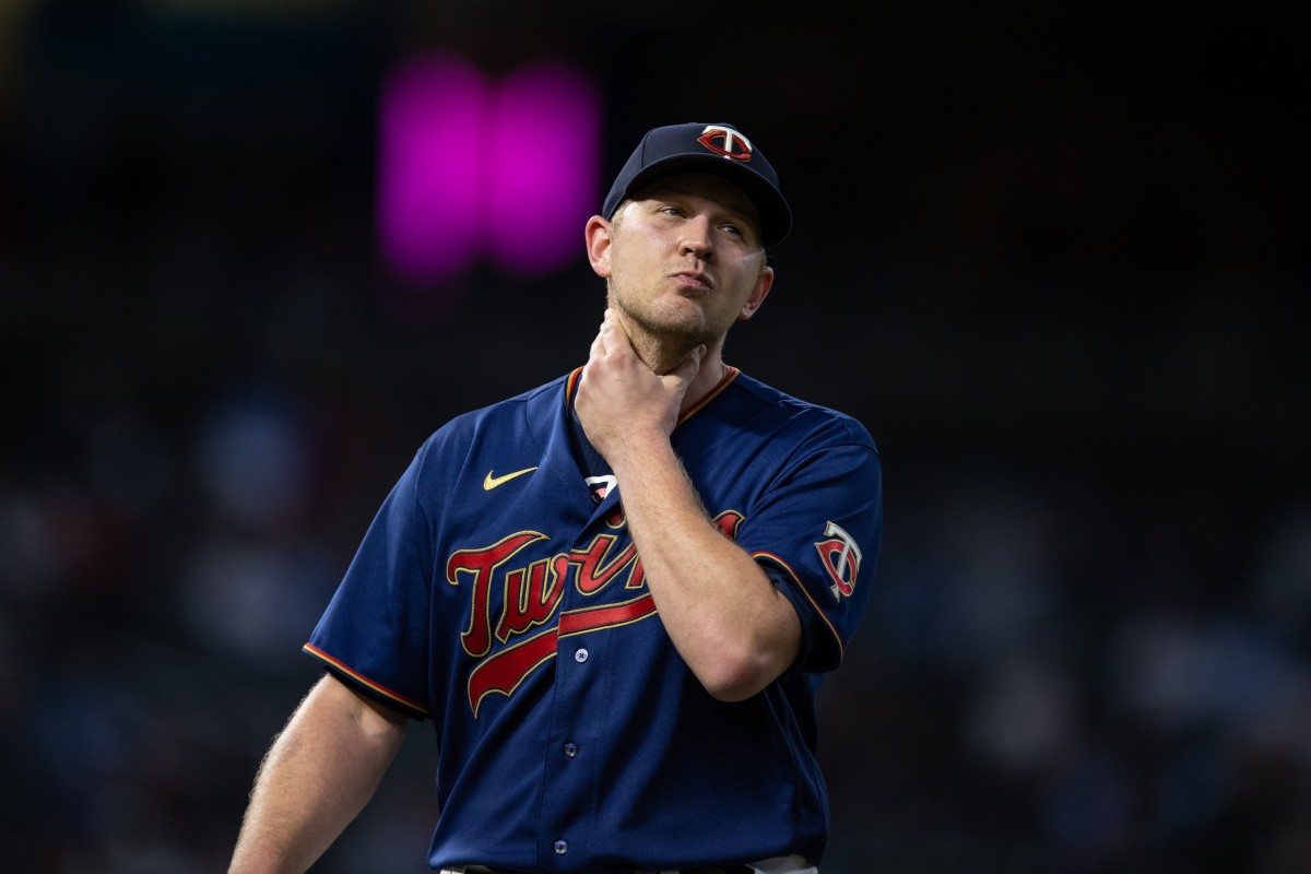 May 26, 2022; Minneapolis, Minnesota, USA; Minnesota Twins relief pitcher Tyler Duffey (21) reacts during the eighth inning against the Kansas City Royals at Target Field.