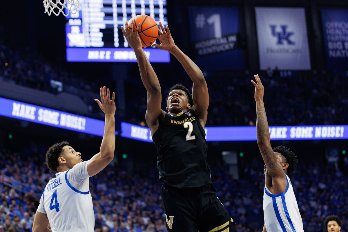 Mar 6, 2024; Lexington, Kentucky, USA; Vanderbilt Commodores forward Ven-Allen Lubin (2) goes to the basket during the first half against the Kentucky Wildcats at Rupp Arena at Central Bank Center. Mandatory Credit: Jordan Prather-USA TODAY Sports