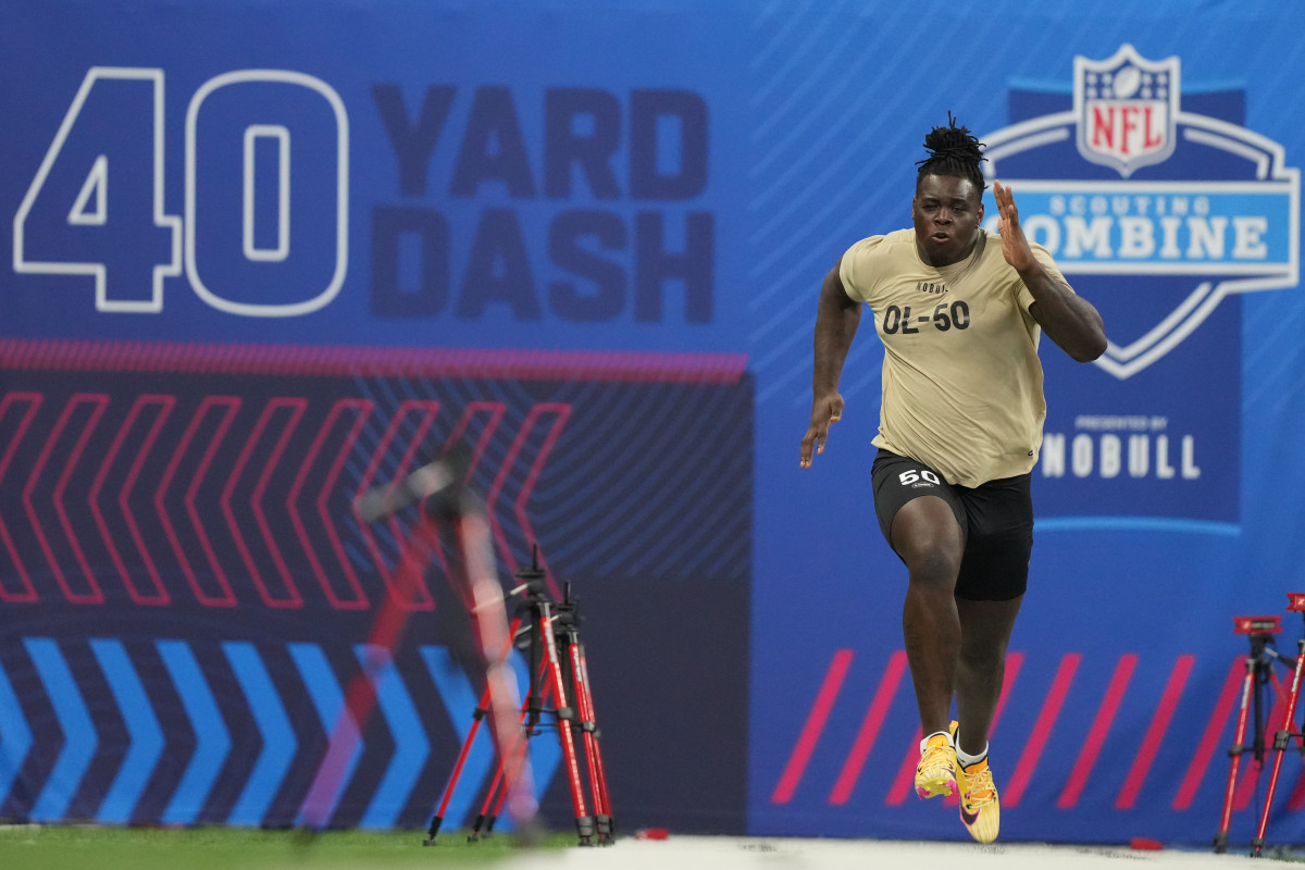Mar 3, 2024; Indianapolis, IN, USA; Georgia offensive lineman Amarius Mims (OL50) during the 2024 NFL Combine at Lucas Oil Stadium. Mandatory Credit: Kirby Lee-USA TODAY Sports