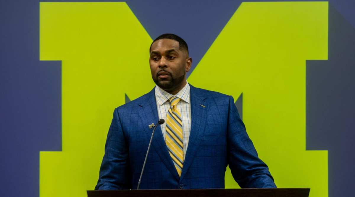 Michigan’s Sherrone Moore during his introductory press conference as head coach.