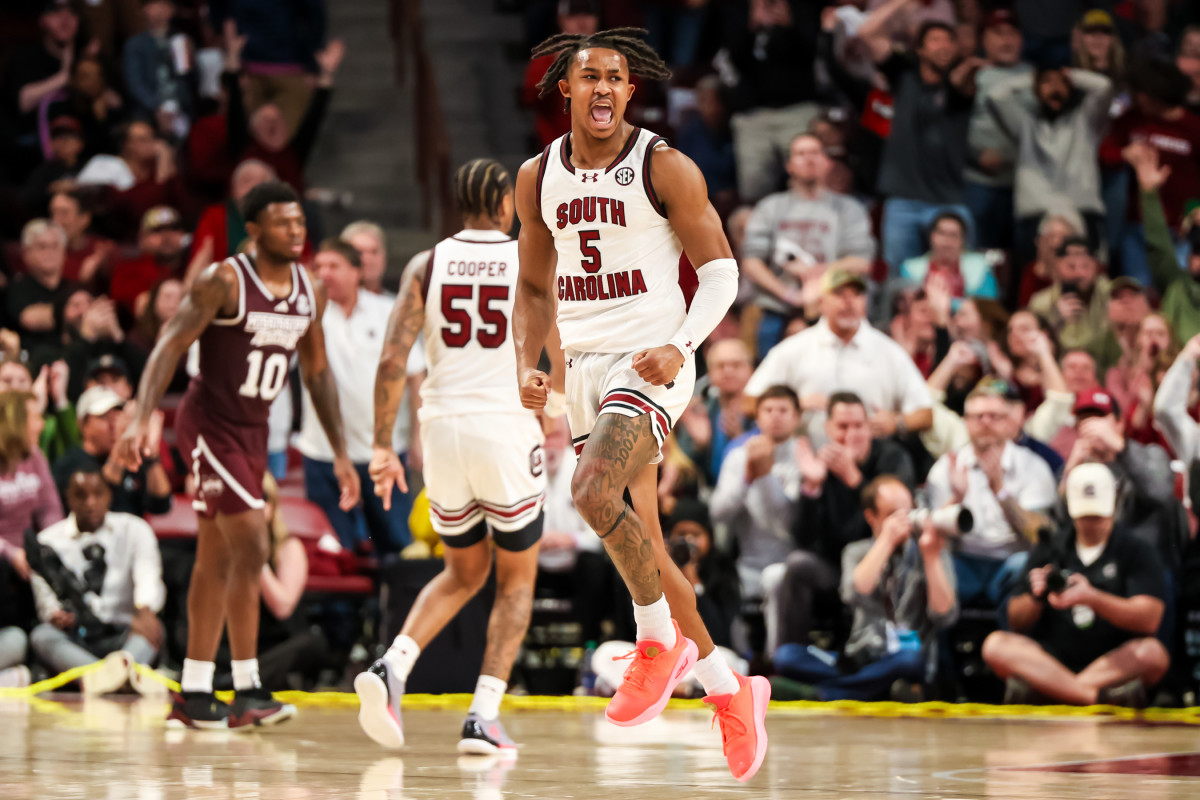 Meechie Johnson celebrates after making a shot in the Gamecocks' first season meeting versus the Mississippi State Bulldogs (6th Jan., 2024)