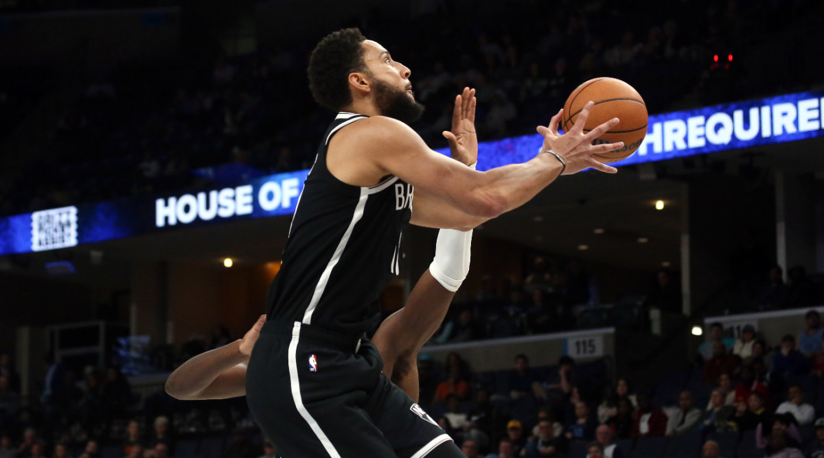 Feb 26, 2024; Memphis, Tennessee, USA; Brooklyn Nets guard Ben Simmons (10) shoots during the second half against the Memphis Grizzlies at FedExForum.
