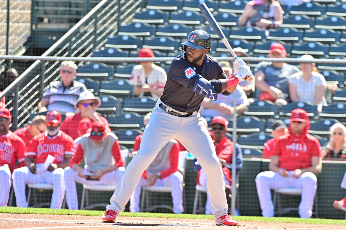Feb 29, 2024; Tempe, Arizona, USA; Cleveland Guardians right fielder Estevan Florial (90) at bat in the first inning against the Los Angeles Angels during a spring training game at Tempe Diablo Stadium.