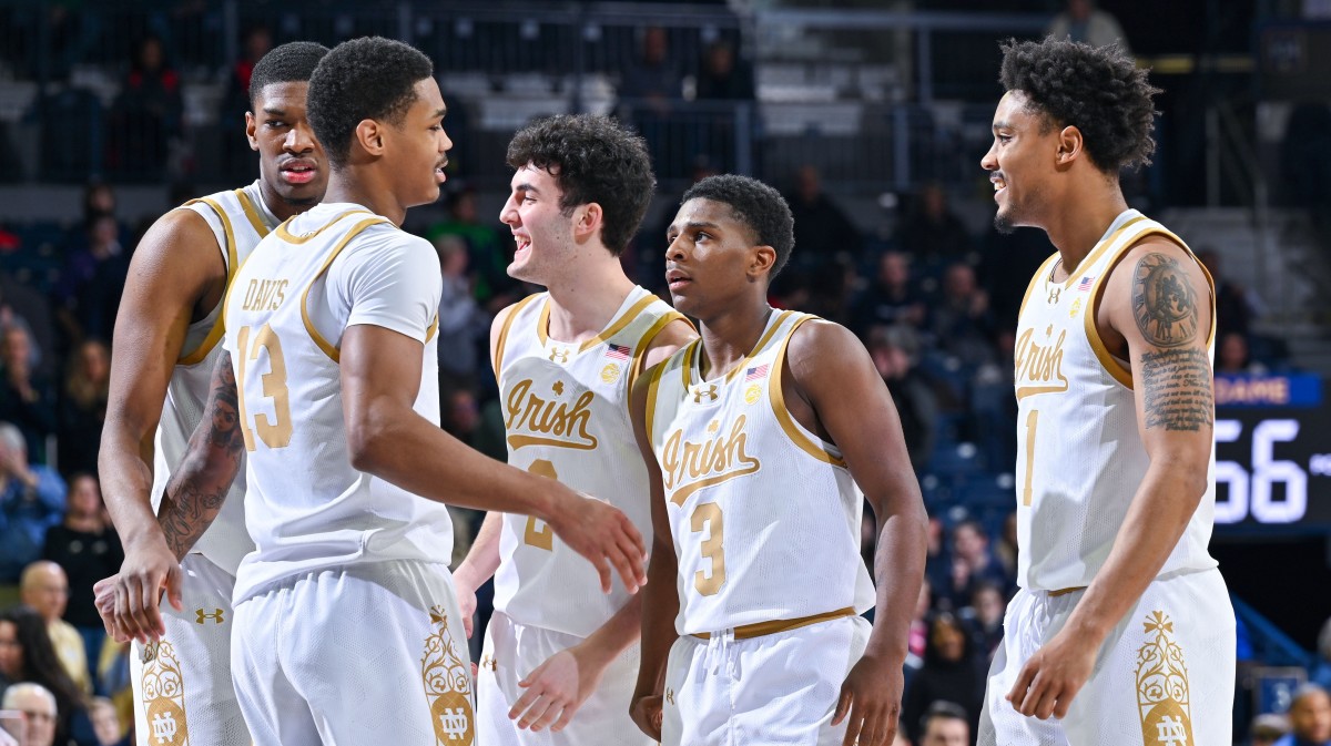 The Notre Dame Fighting Irish celebrate in the second half against the Georgia Tech Yellow Jackets at the Purcell Pavilion. Notre Dame won 58-55.