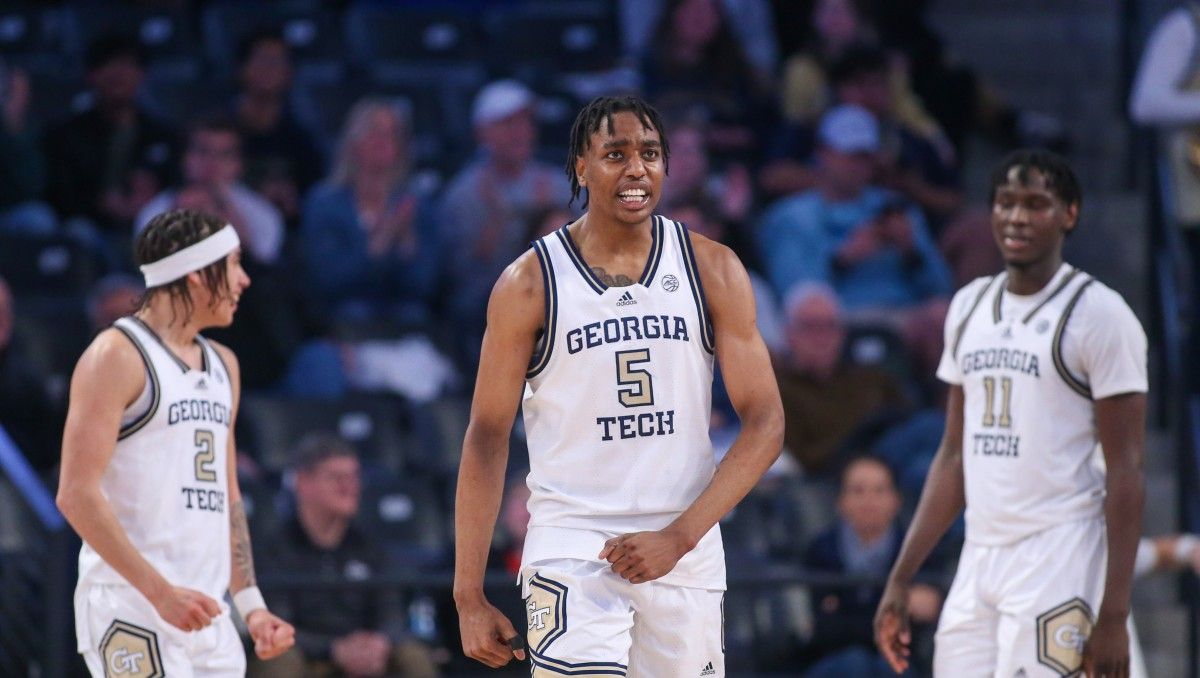 Georgia Tech Yellow Jackets forward Tafara Gapare (5) reacts after a basket against the Florida State Seminoles in the second half at McCamish Pavilion.