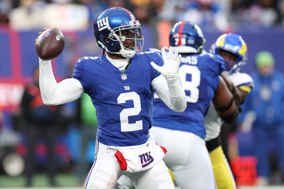 Dec 31, 2023; East Rutherford, New Jersey, USA; New York Giants quarterback Tyrod Taylor (2) throws the ball during the second half against the Los Angeles Rams at MetLife Stadium. Mandatory Credit: Vincent Carchietta-USA TODAY Sports