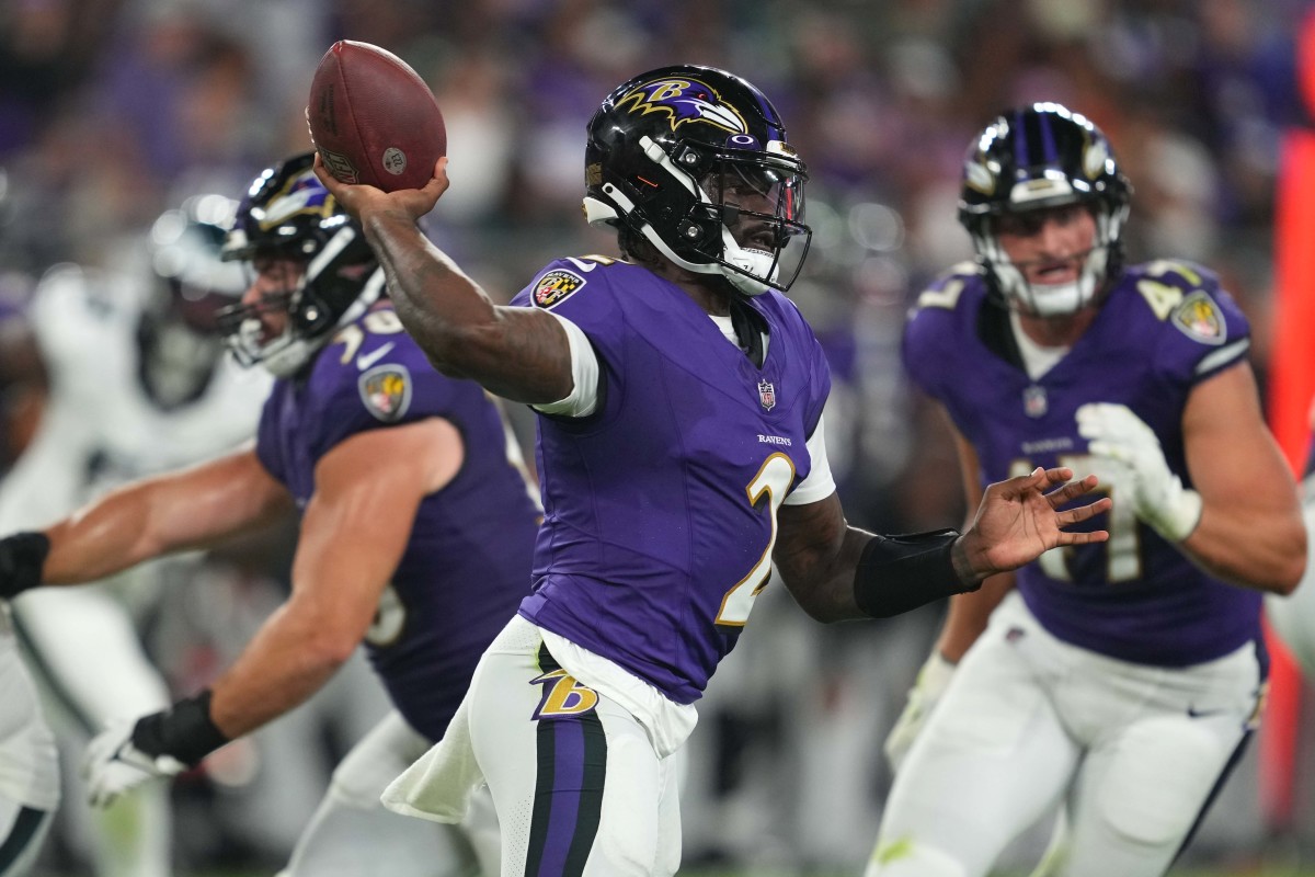 Aug 12, 2023; Baltimore, Maryland, USA; Baltimore Ravens quarterback Tyler Huntley (2) passes under pressure in the third quarter against the Philadelphia Eagles at M&T Bank Stadium. Mandatory Credit: Mitch Stringer-USA TODAY Sports