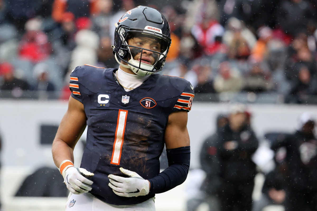 Dec 31, 2023; Chicago, Illinois, USA; Chicago Bears quarterback Justin Fields (1) during the second half against the Atlanta Falcons at Soldier Field. 