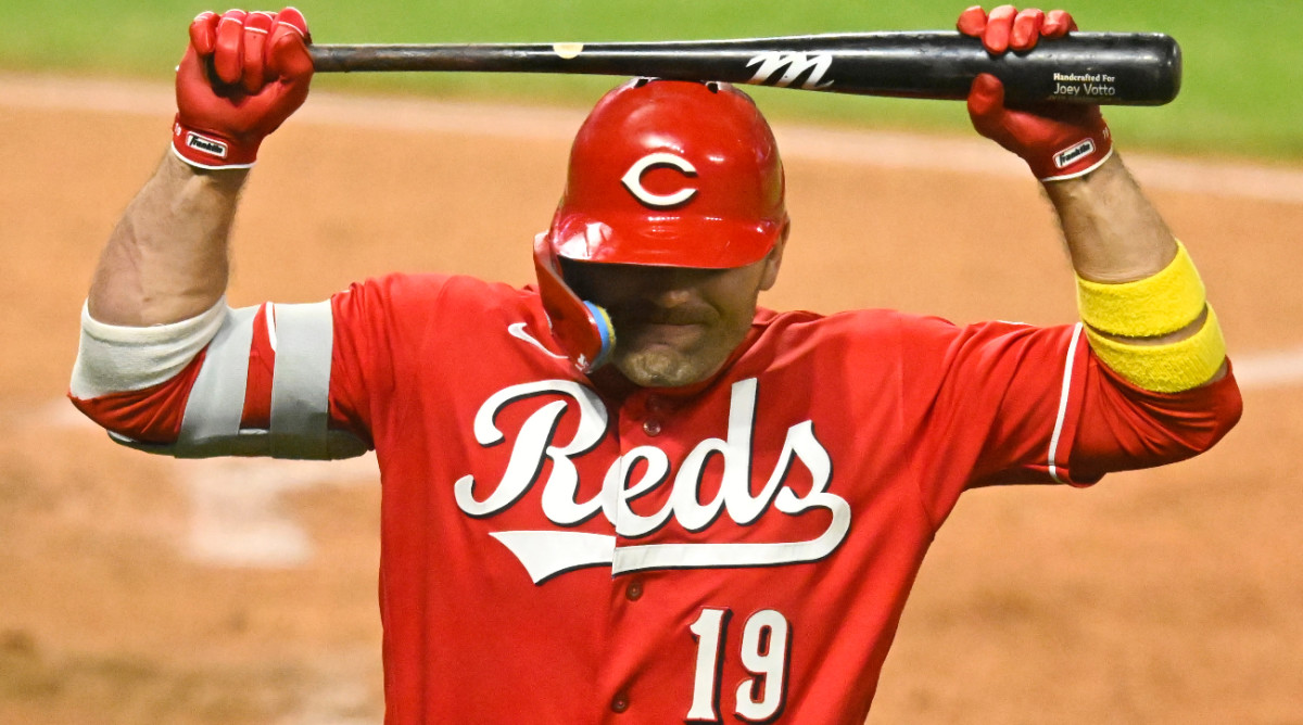 Sep 26, 2023; Cleveland, Ohio, USA; Cincinnati Reds designated hitter Joey Votto (19) reacts after striking out in the sixth inning against the Cleveland Guardians at Progressive Field.