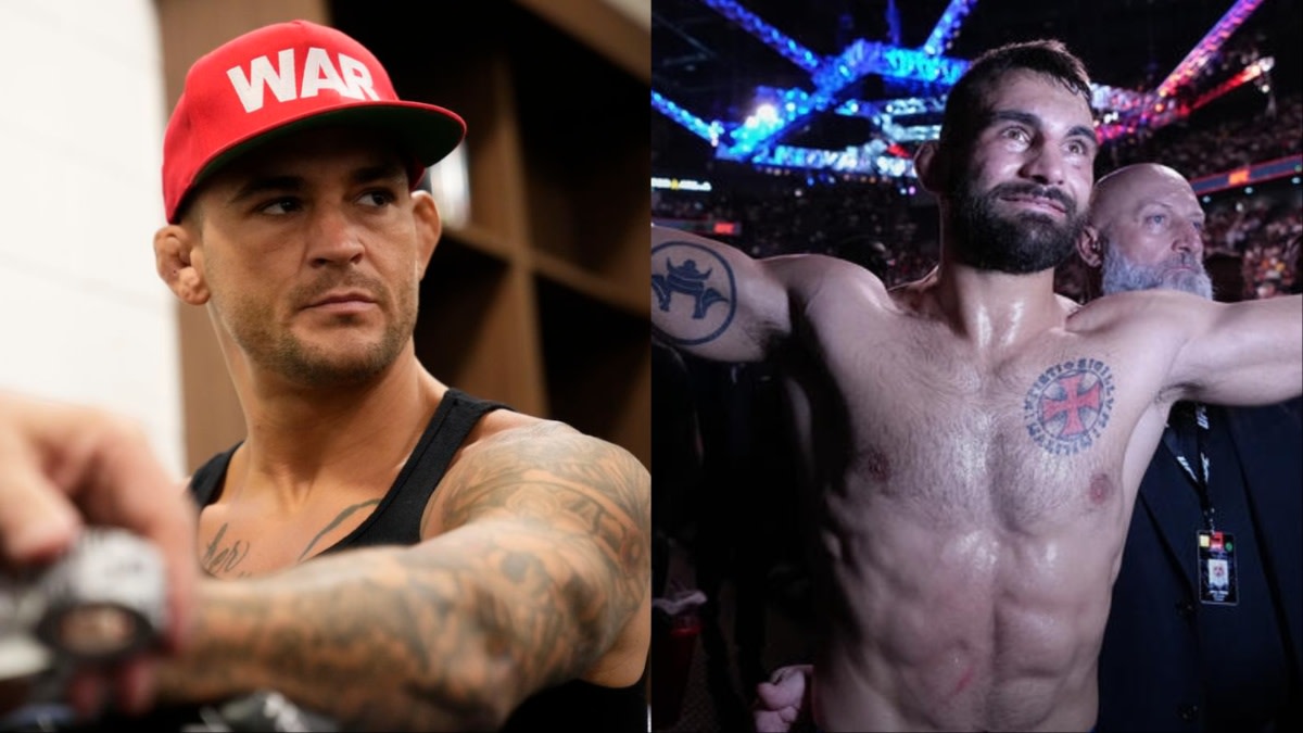A side-by-side of UFC 299 fighters Dustin Poirier and Benoit Saint Denis.