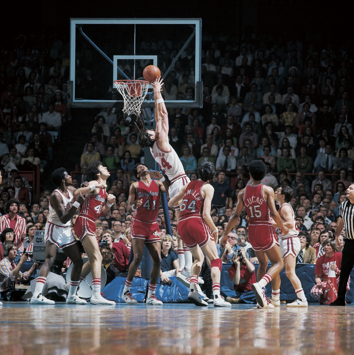 NC State's Tommy Burleson goes to the basket against Maryland in the 1974 ACC tournament final.