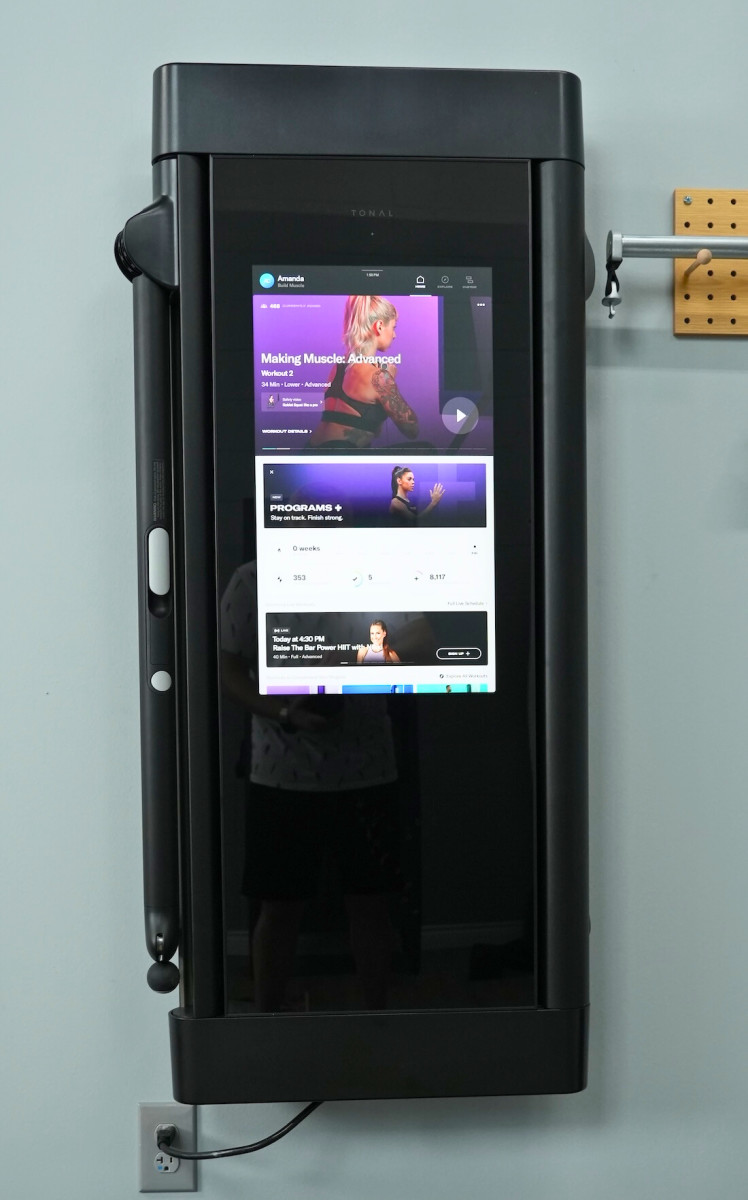 A view of the touchscreen on the Tonal home gym system.