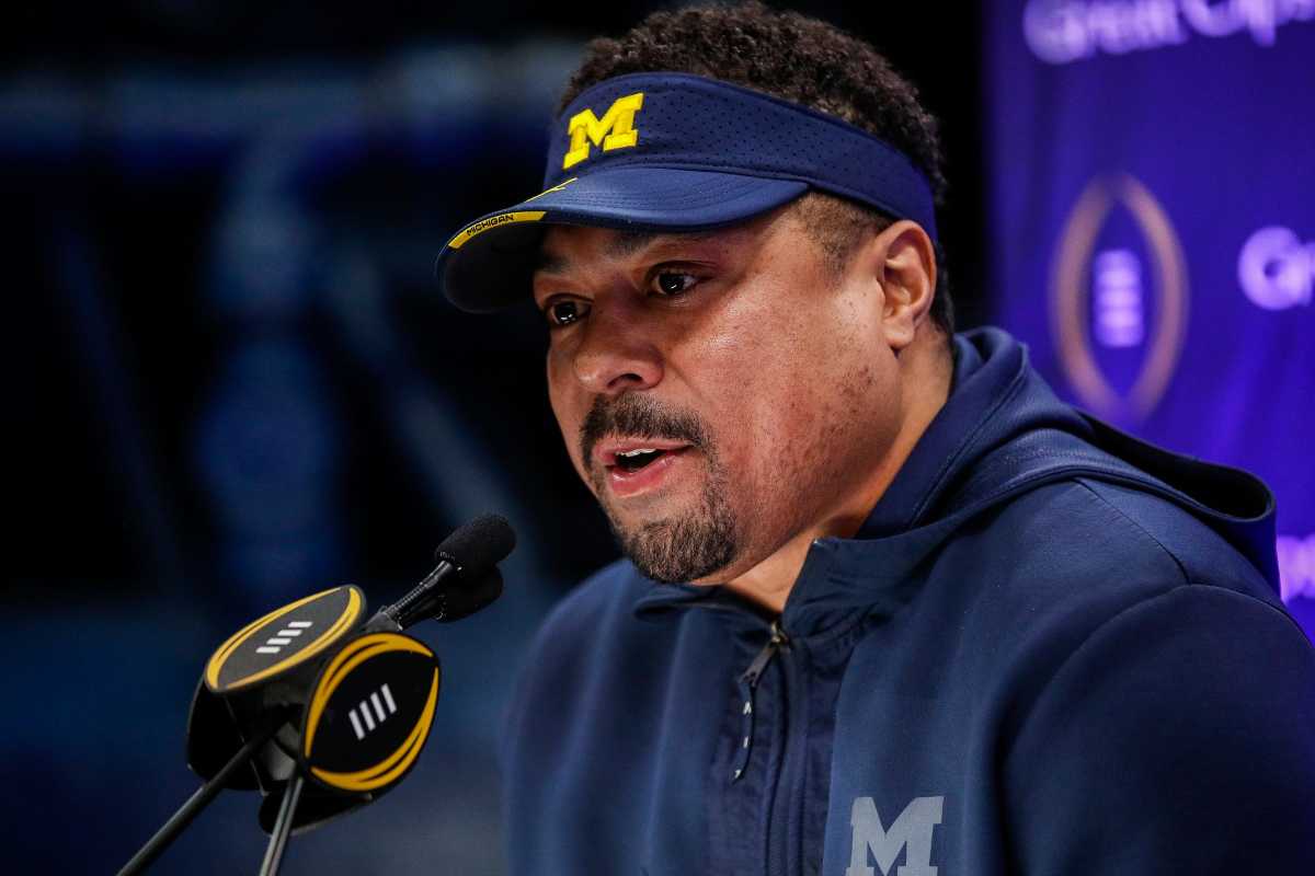 Michigan assistant coach Mike Hart speaks at a press conference on Jan. 6, 2024.