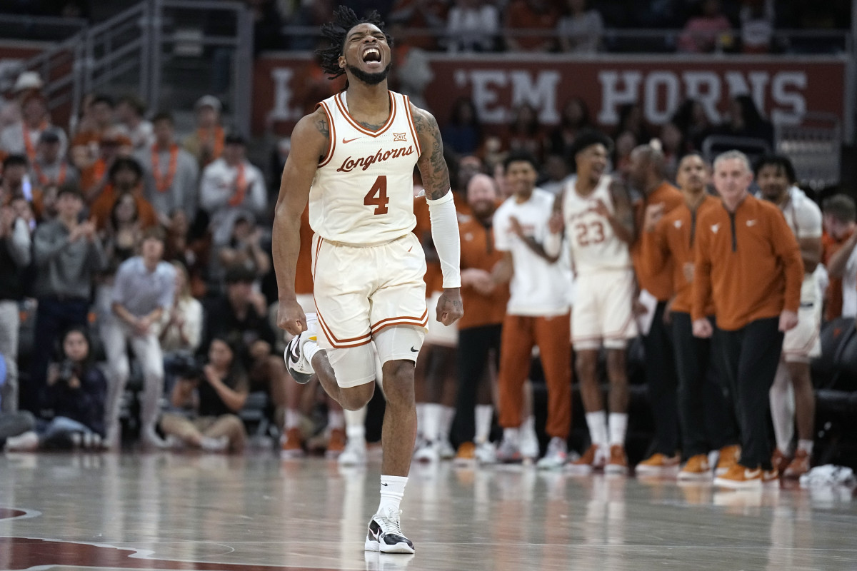 Texas Longhorns guard Tyrese Hunter (4) reacts after scoring during the second half against the Oklahoma Sooners at Moody Center.
