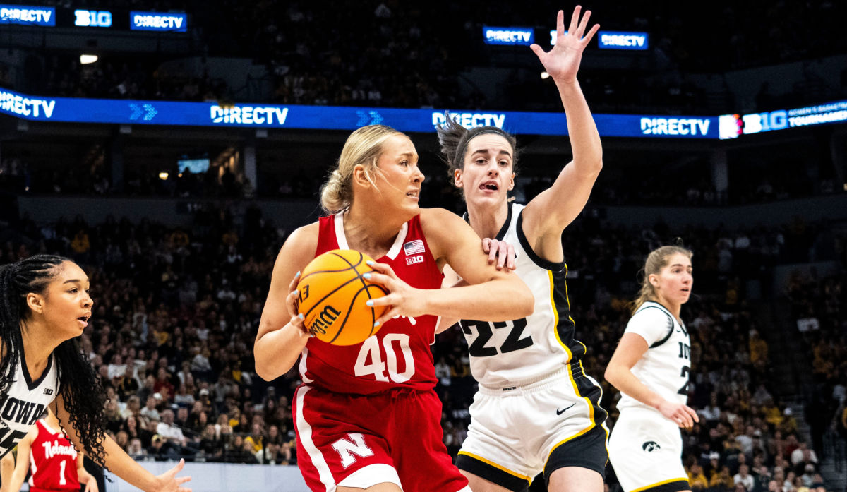 Iowa's Caitlin Clark guards Nebraska center Alexis Markowski during the first half of the Big Ten Tournament championship game at the Target Center on Sunday, March 10, 2024, in Minneapolis, Minn.