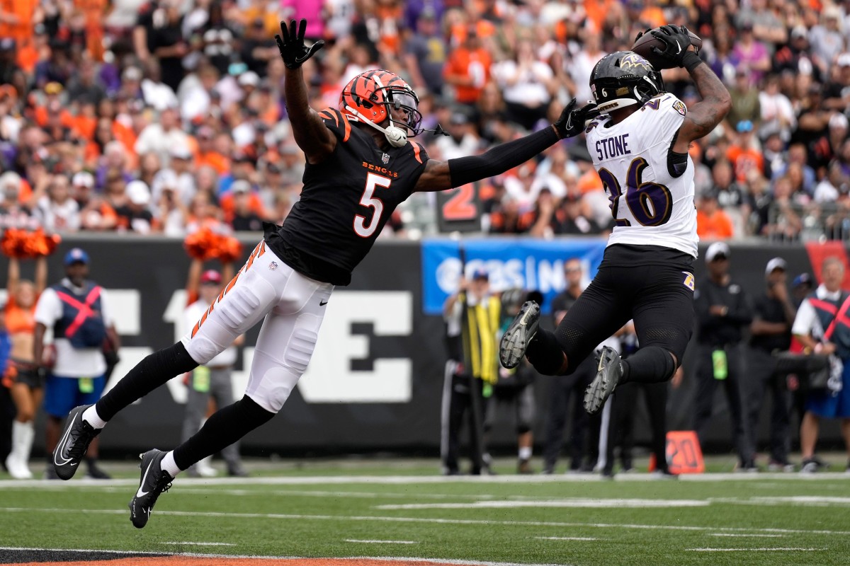 Baltimore Ravens safety Geno Stone (26) intercepts a pass intended for Cincinnati Bengals wide receiver Tee Higgins (5). © Sam Greene/The Enquirer / USA TODAY NETWORK