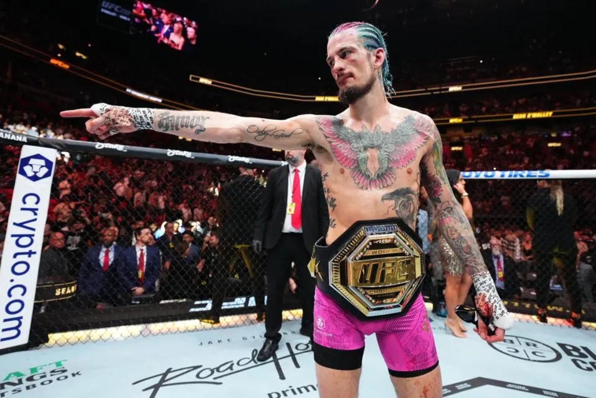 Sean O’Malley celebrates his successful UFC Bantamweight Championship defense against Chito Vera at UFC 299.