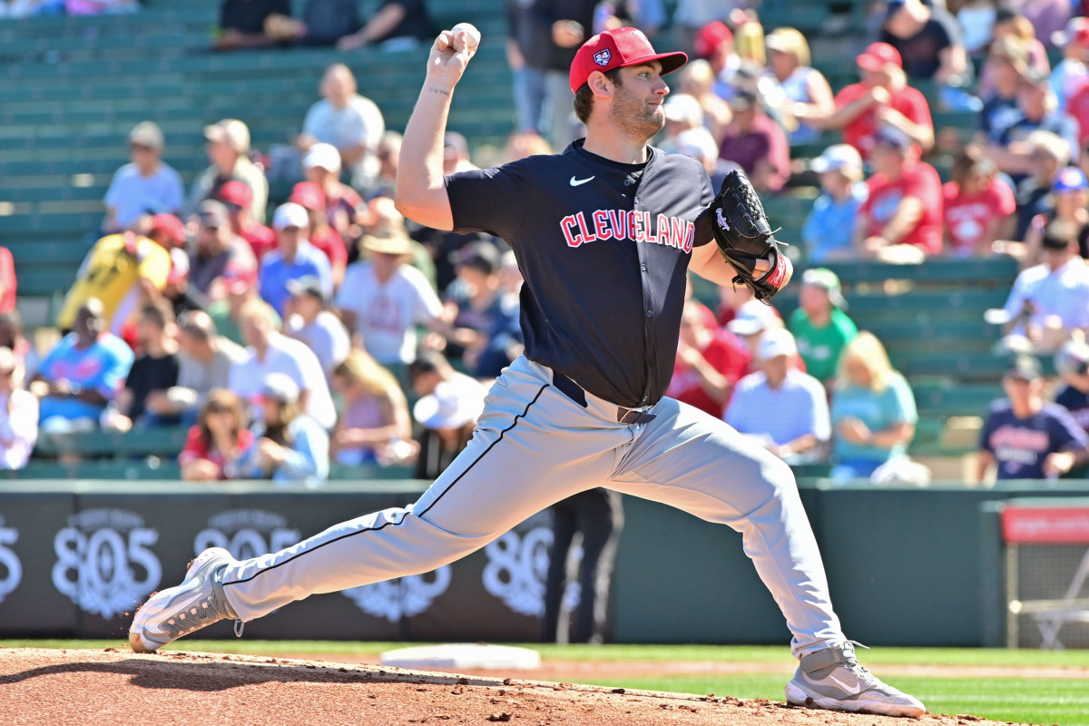 Feb 29, 2024; Tempe, Arizona, USA; Cleveland Guardians starting pitcher Gavin Williams (32) throws in the first inning against the Los Angeles Angels during a spring training game at Tempe Diablo Stadium.