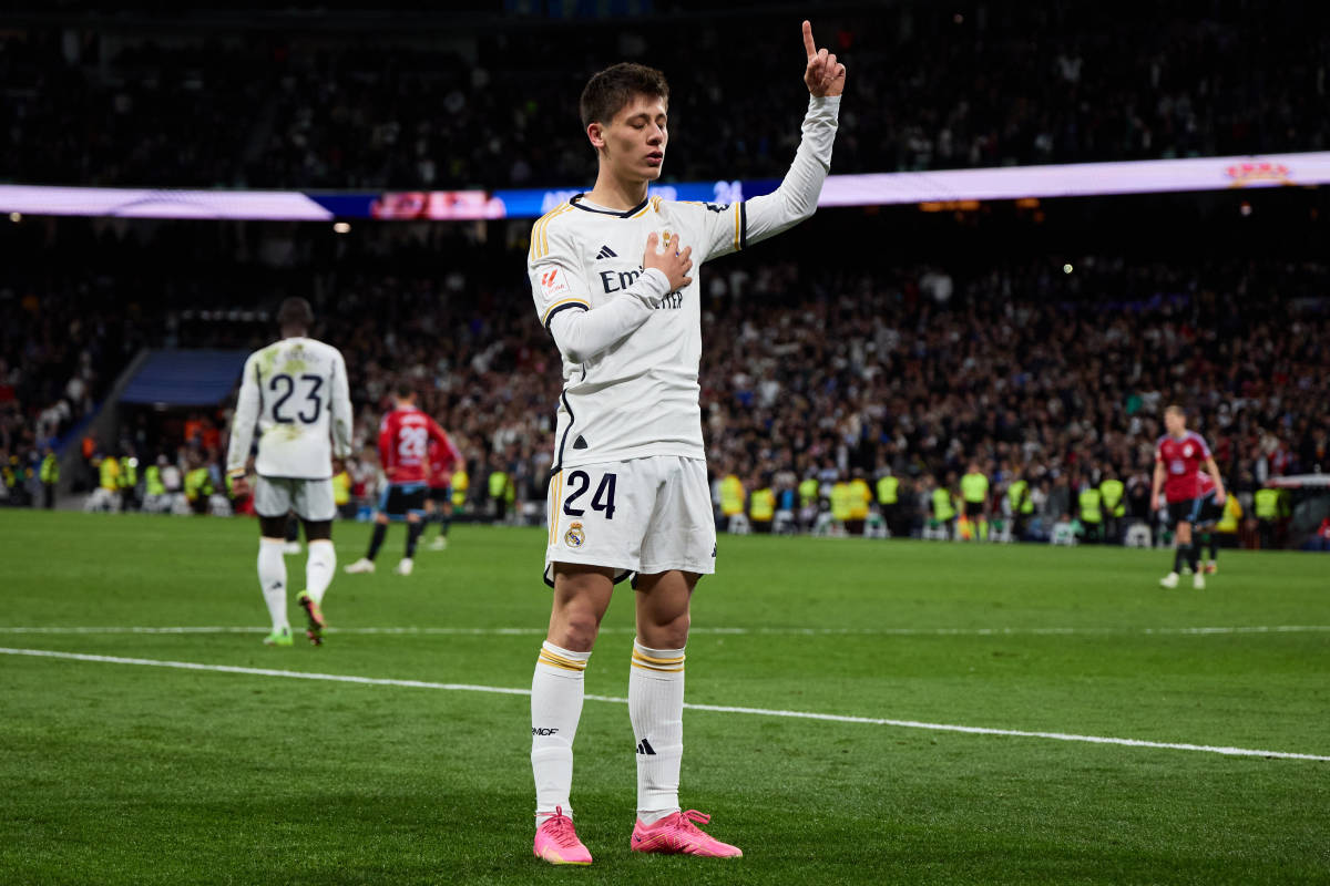 Arda Guler pictured celebrating after scoring his first goal for Real Madrid during a 4-0 win over Celta Vigo in March 2024