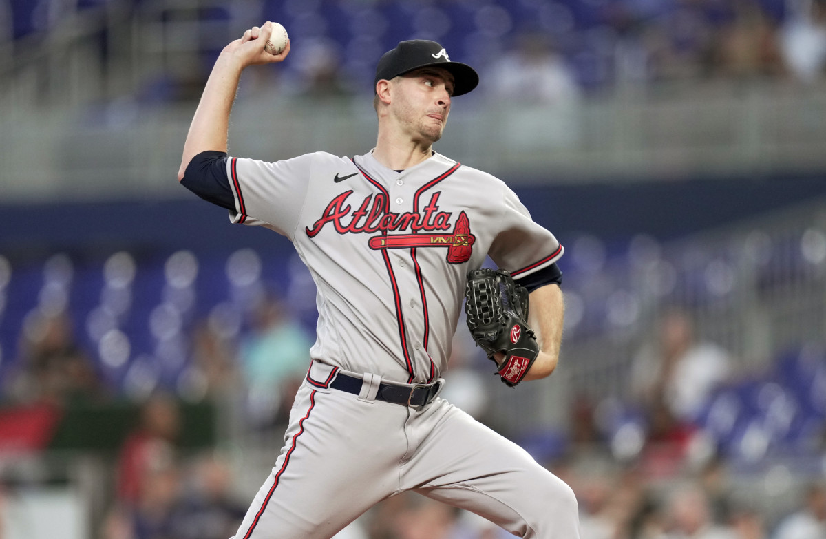 Oct 4, 2022; Miami, Florida, USA; Atlanta Braves starting pitcher Jake Odorizzi (12) delivers in the first inning against the Miami Marlins at loanDepot Park.