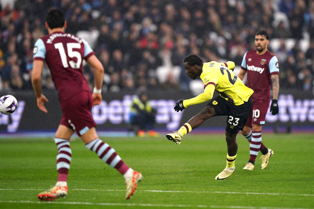 Burnley no.23 David Datro Fofana pictured scoring from long range against West Ham in March 2024