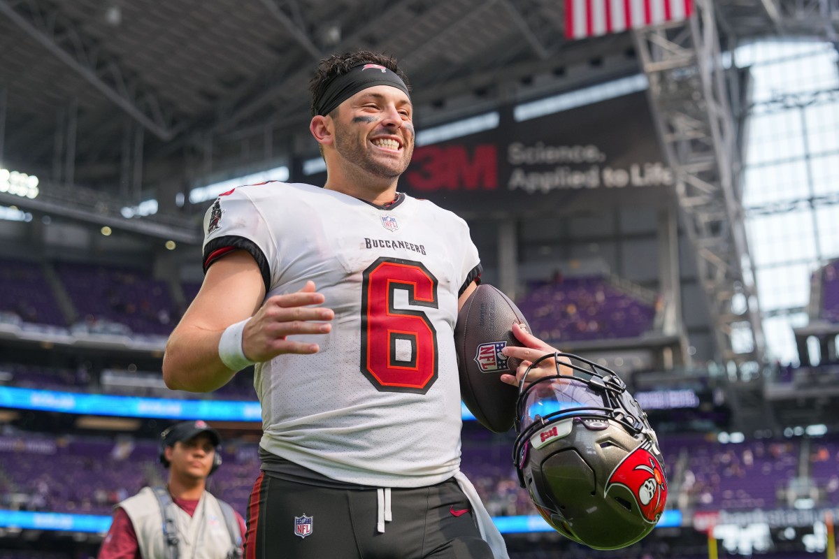 Sep 10, 2023; Minneapolis, Minnesota, USA; Tampa Bay Buccaneers quarterback Baker Mayfield (6) leaves the field after the game against the Minnesota Vikings at U.S. Bank Stadium.