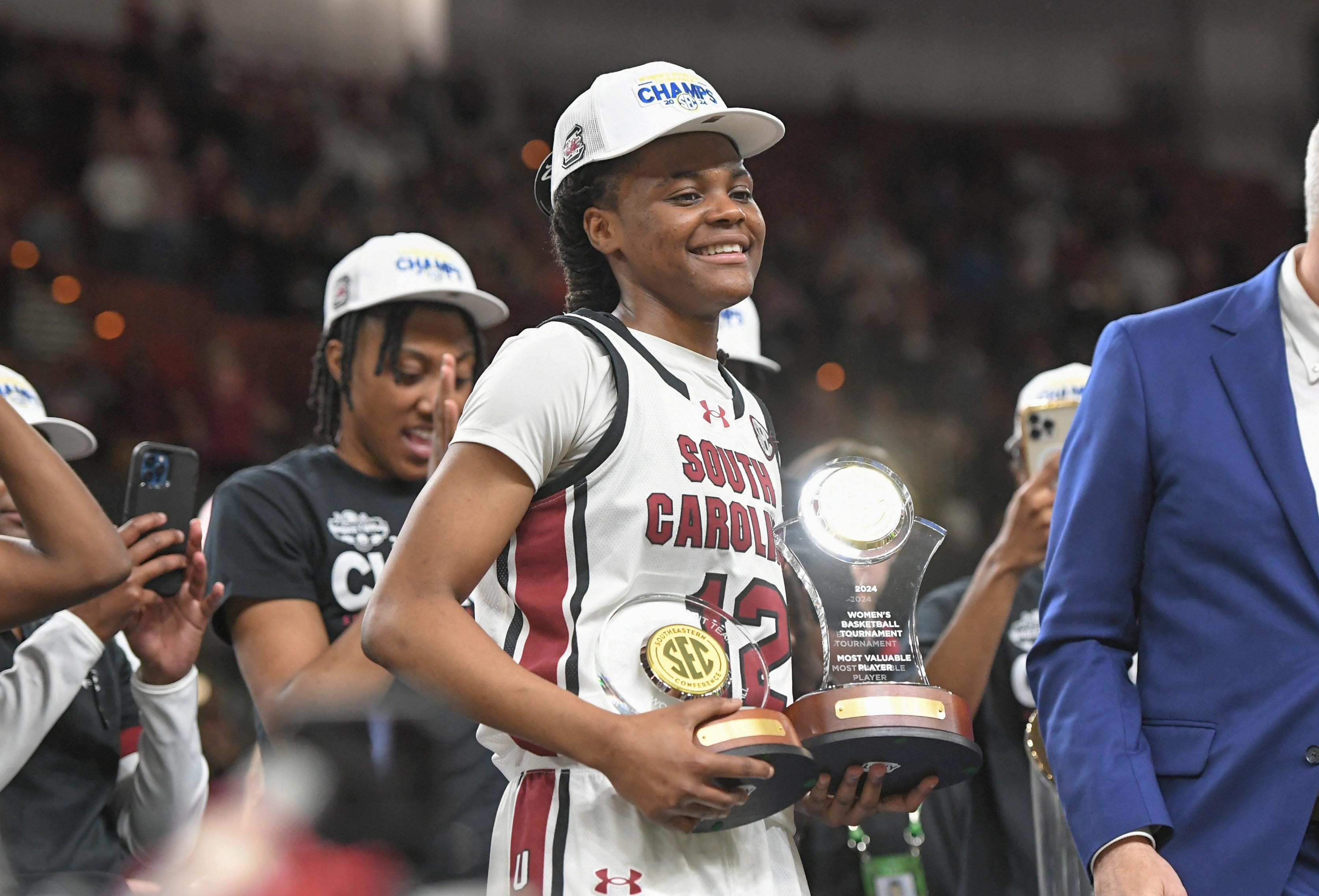 MiLaysia Fulwiley posing for photos with the SEC Tournament MVP award after title win over LSU (10th Mar., 2024)