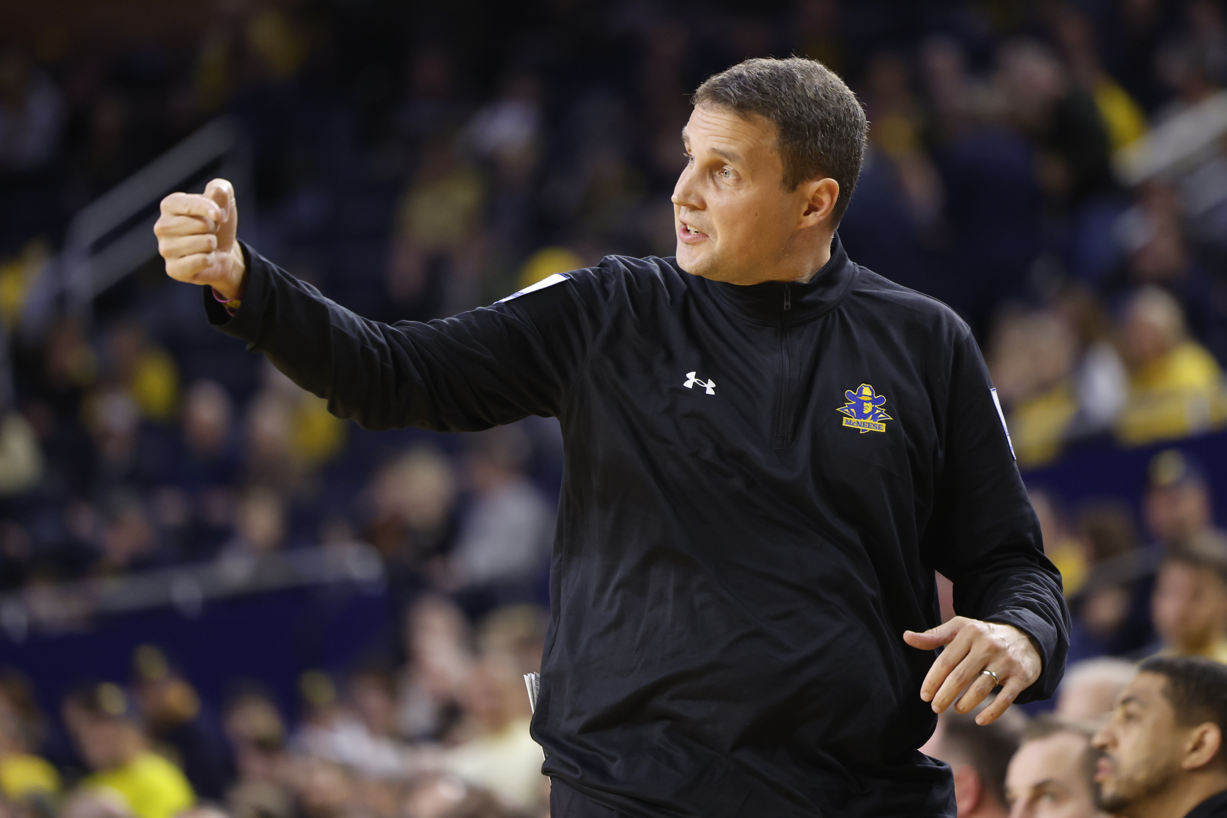Dec 29, 2023; Ann Arbor, Michigan, USA; McNeese State Cowboys head coach Will Wade coaches during the first half against the Michigan Wolverines at Crisler Center. Mandatory Credit: Rick Osentoski-USA TODAY Sports