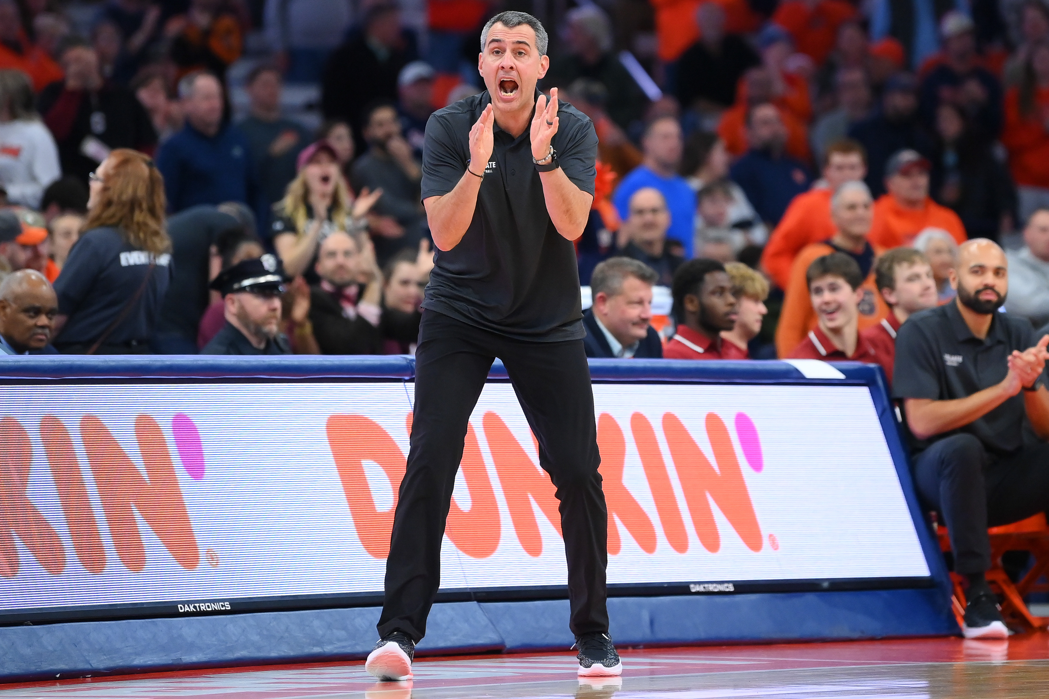 Nov 14, 2023; Syracuse, New York, USA; Colgate Raiders head coach Matt Langel reacts to a play against the Syracuse Orange during the second half at the JMA Wireless Dome. Mandatory Credit: Rich Barnes-USA TODAY Sports