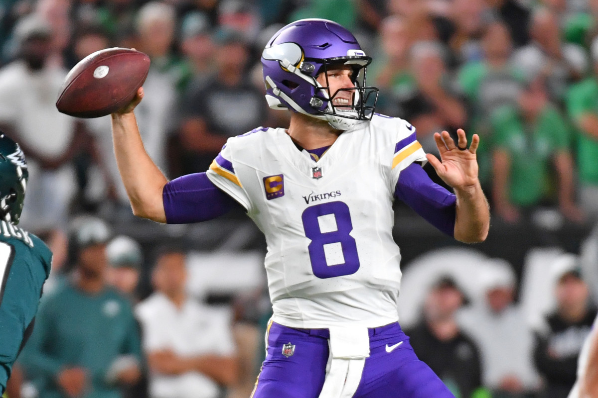 Sep 14, 2023; Philadelphia, Pennsylvania, USA; Minnesota Vikings quarterback Kirk Cousins (8) against the Philadelphia Eagles at Lincoln Financial Field.