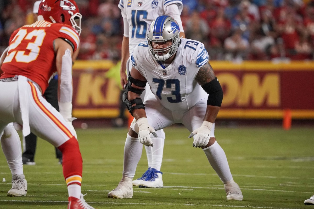 Detroit Lions guard Jonah Jackson (73) at the line of scrimmage against the Kansas City Chiefs. Mandatory Credit: Denny Medley-USA TODAY Sports