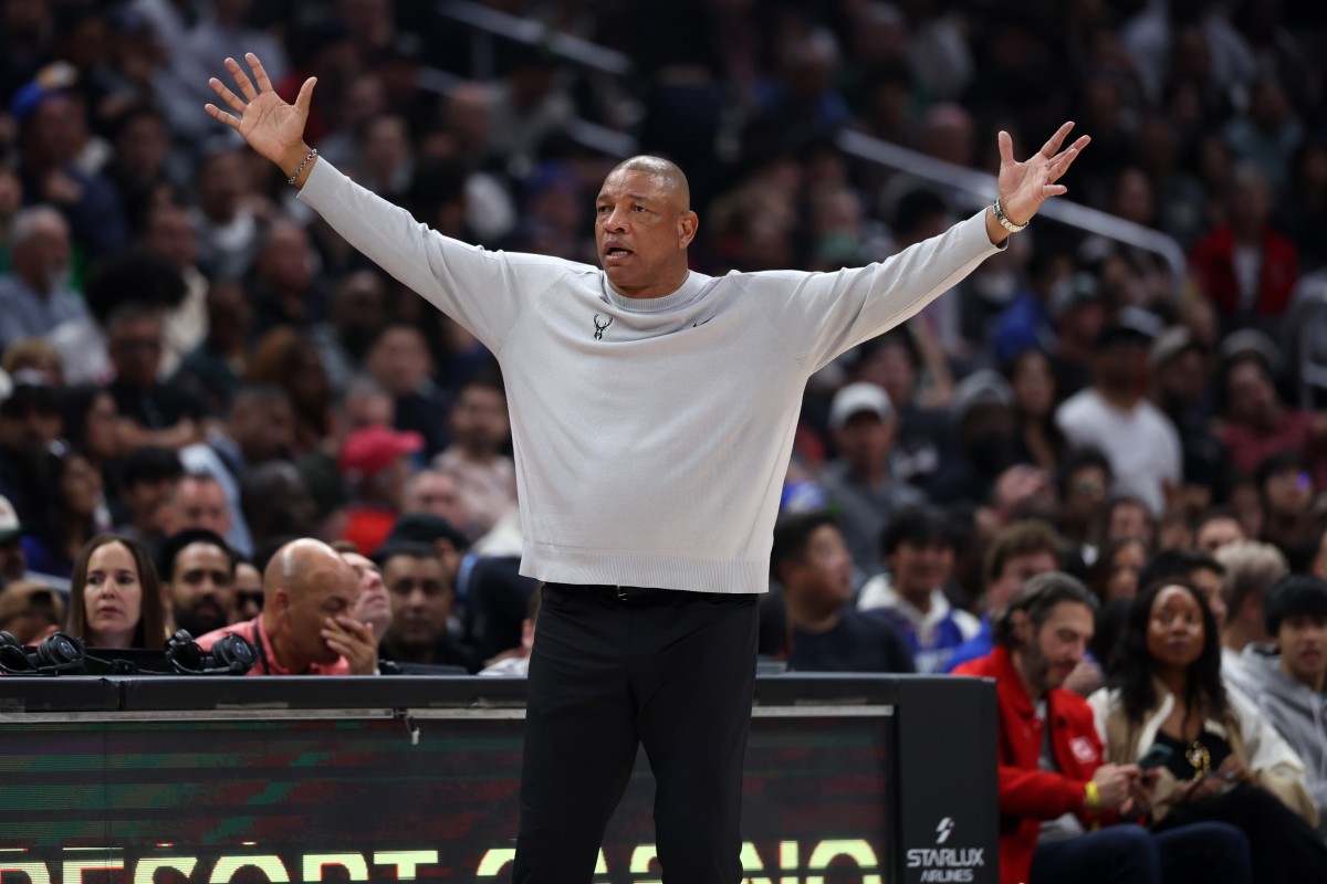  Milwaukee Bucks head coach Doc Rivers reacts to a call during the first half against the Los Angeles Clippers