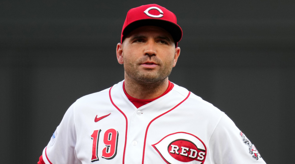 Former Reds first baseman Joey Votto reacts to a play.