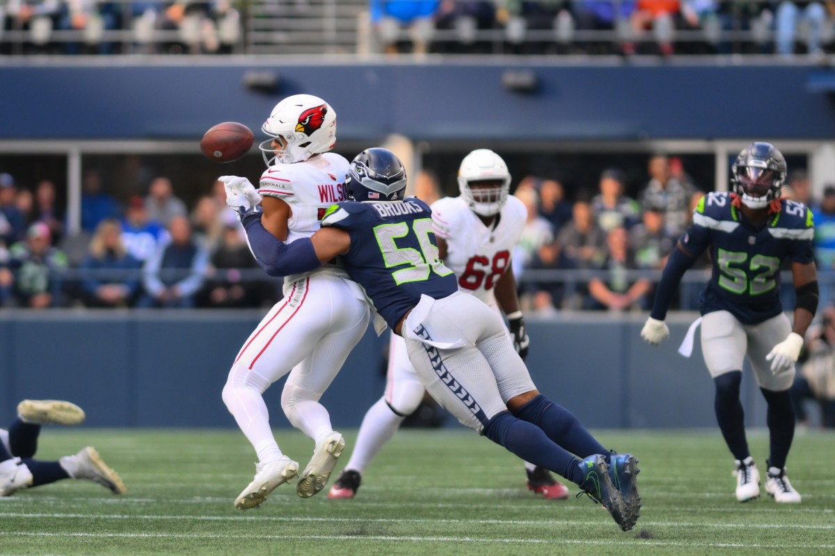 Seattle Seahawks linebacker Jordyn Brooks (56) breaks up a pass to Arizona Cardinals wide receiver Michael Wilson (14). Mandatory Credit: Steven Bisig-USA TODAY Sports