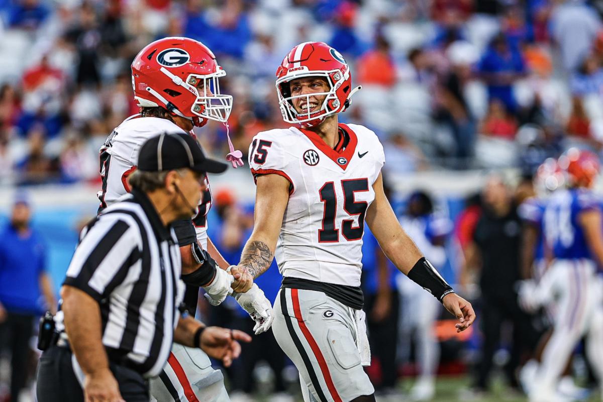 Georgia quarterback Carson Beck during Georgia’s game against Florida at TIAA Bank Field in Jacksonville, Fla., on Saturday, Oct. 28, 2023. (Kari Hodges/UGAAA)