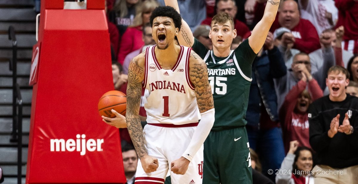 Indiana center Kel'el Ware celebrates after scoring an and-one over Michigan State center Carson Cooper.