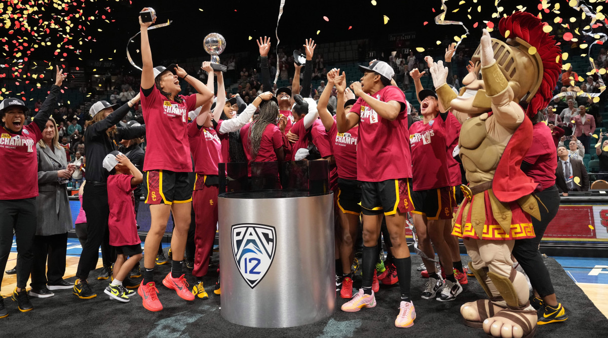 USC players celebrate after the Pac-12 tournament women’s championship game against Stanford.