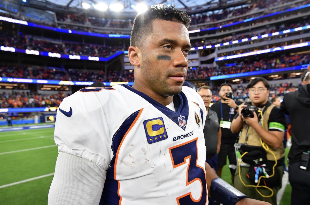 Denver Broncos quarterback Russell Wilson reacts following the victory against the Los Angeles Chargers at SoFi Stadium.