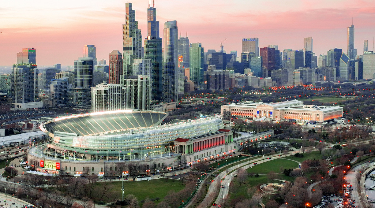 In an aerial view, Soldier Field is seen before a game between the Chicago Bears and the Minnesota Vikings at Soldier Field.