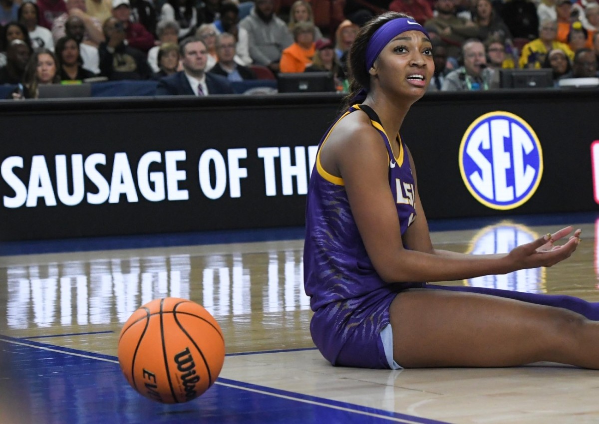 Mar 10, 2024; Greensville, SC, USA; Louisiana State University forward Angel Reese (10) reacts after the ball went out of bounds playing USC during the fourth quarter of the SEC Women's Basketball Tournament Championship game at the Bon Secours Wellness Arena.