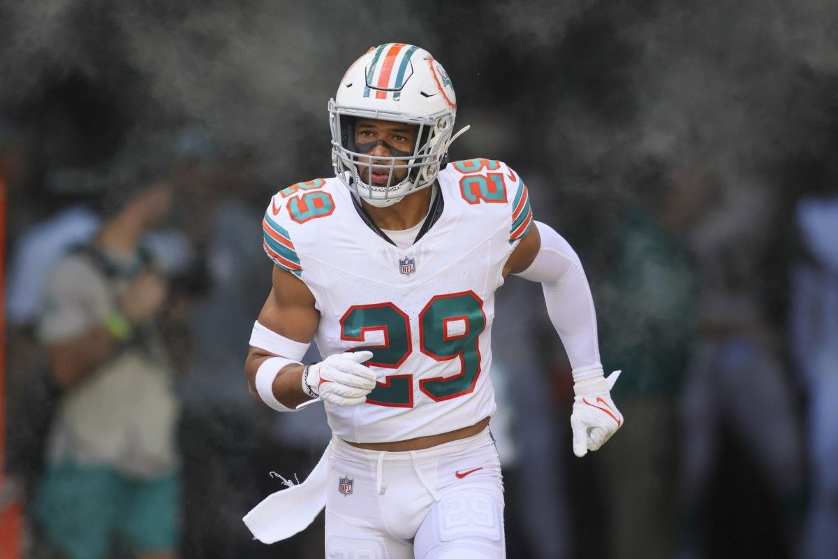 Miami Dolphins safety Brandon Jones (29) takes on the field prior to the game against the New England Patriots at Hard Rock Stadium.
