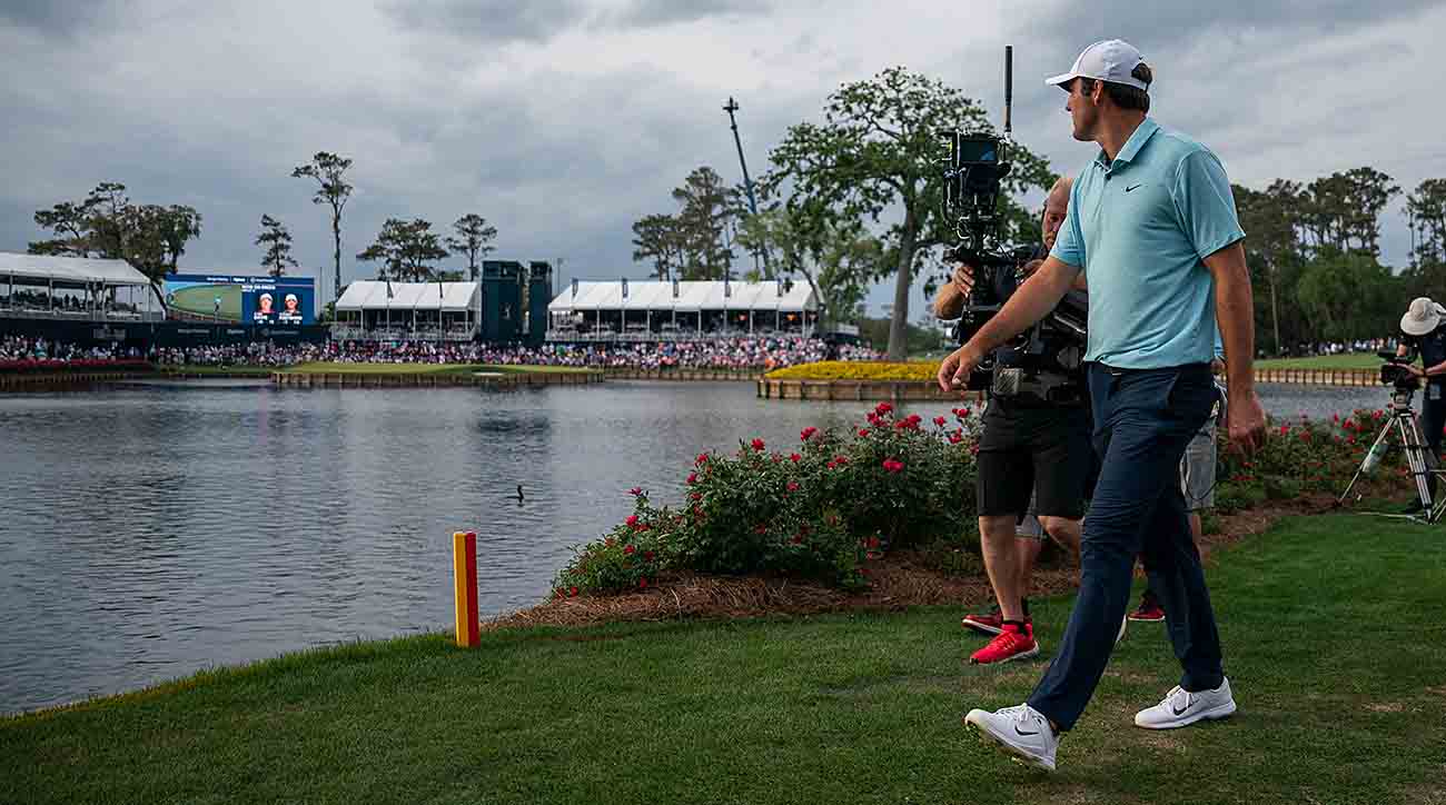 Scottie Scheffler walks to the 17th hole during the final round of the 2023 Players Championship at the Stadium Course at TPC Sawgrass in Ponte Vedra Beach, Fla.