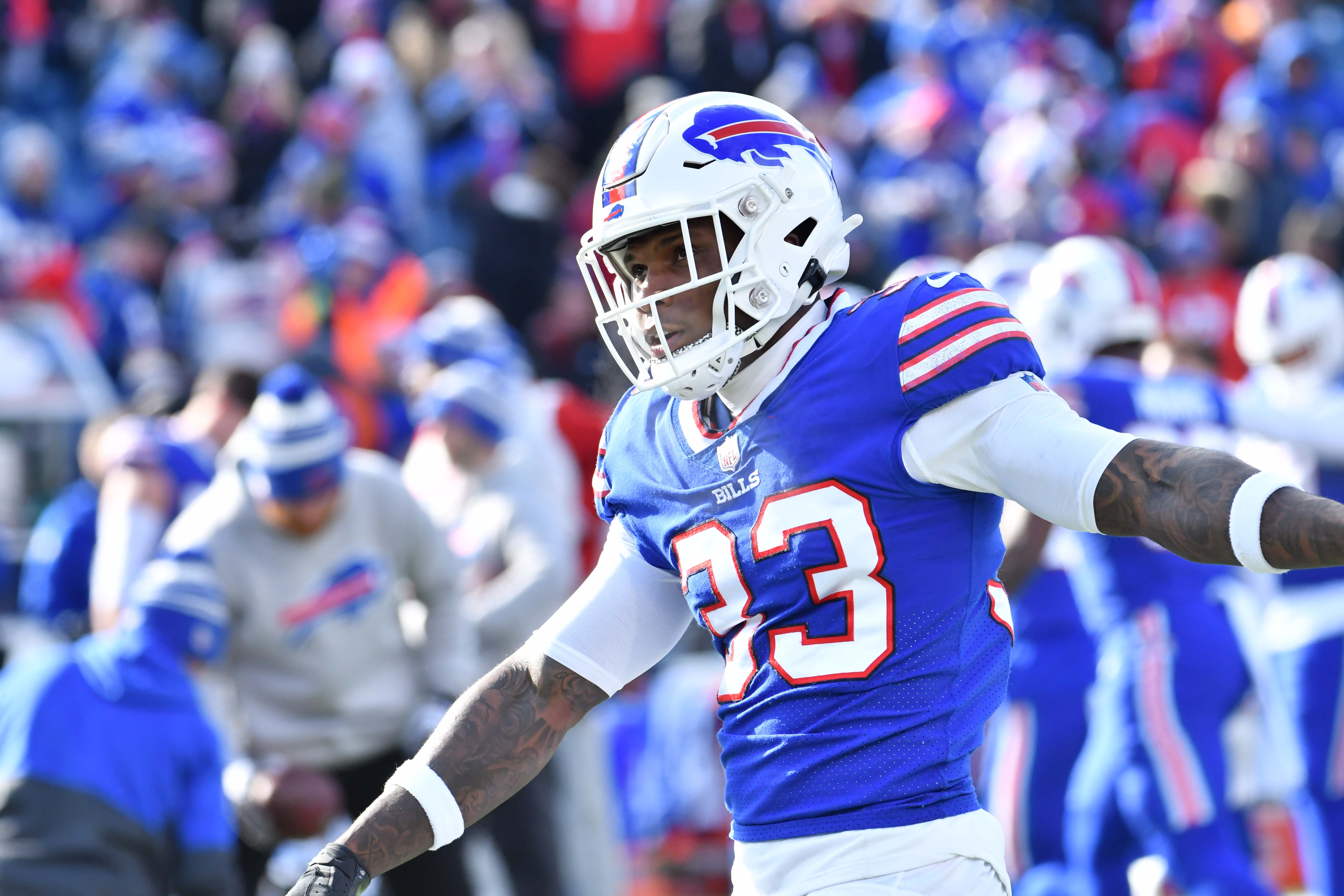 Jan 15, 2023; Orchard Park, NY, USA; Buffalo Bills cornerback Siran Neal warms up before playing against the Miami Dolphins in an NFL wild card game at Highmark Stadium.