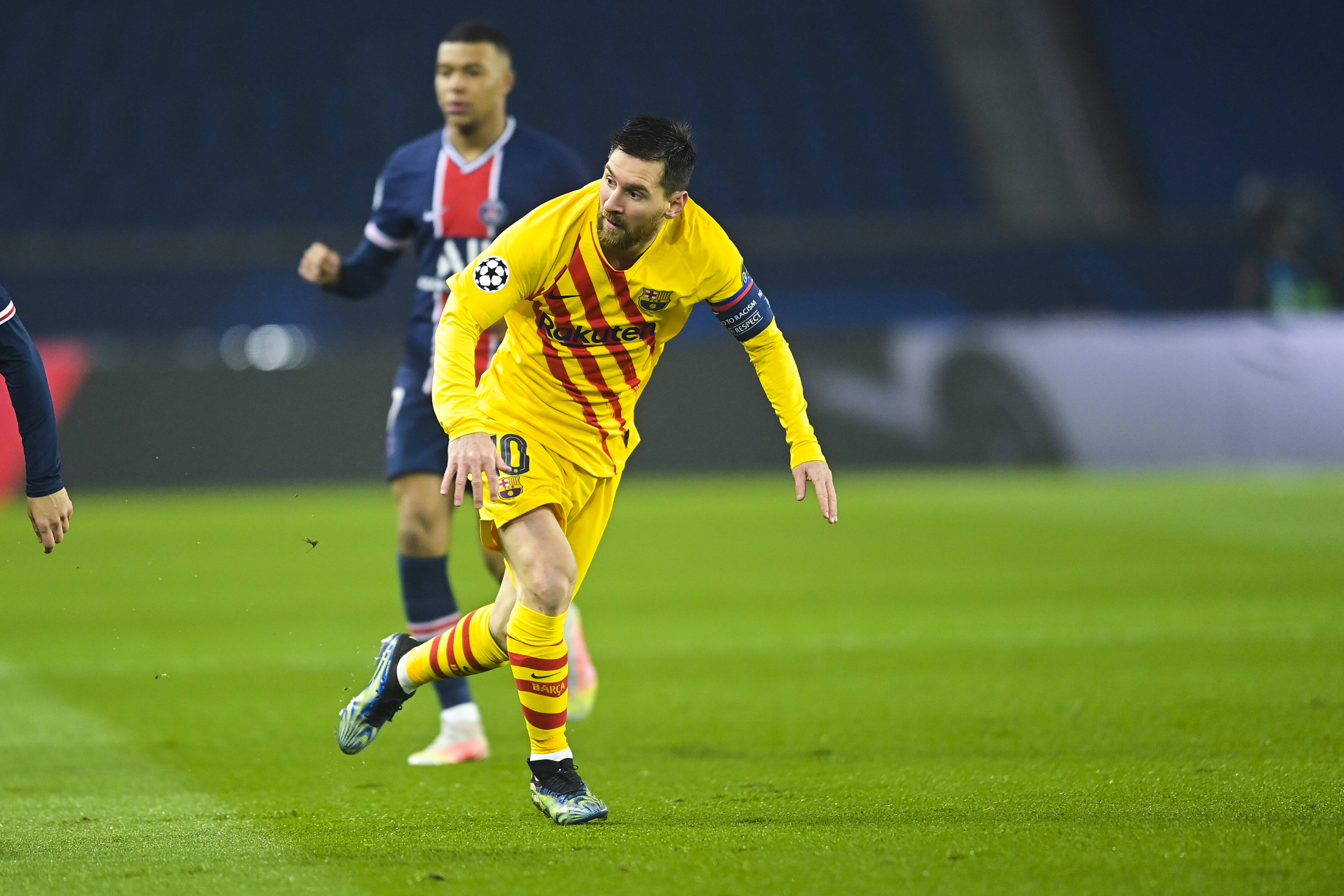 Lionel Messi pictured playing for Barcelona against Paris Saint-Germain in March 2021