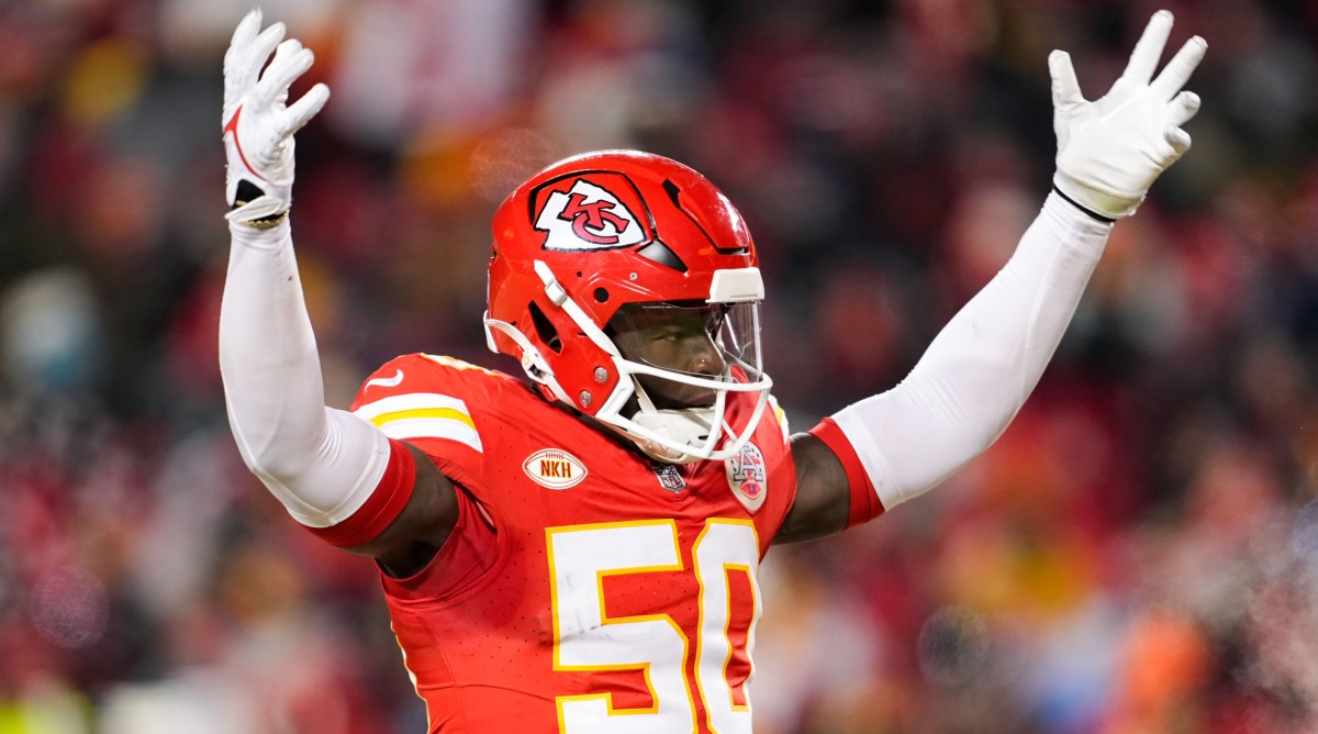 Kansas City Chiefs linebacker Willie Gay (50) celebrates during the second half of a 2024 AFC wild card game against the Miami Dolphins.