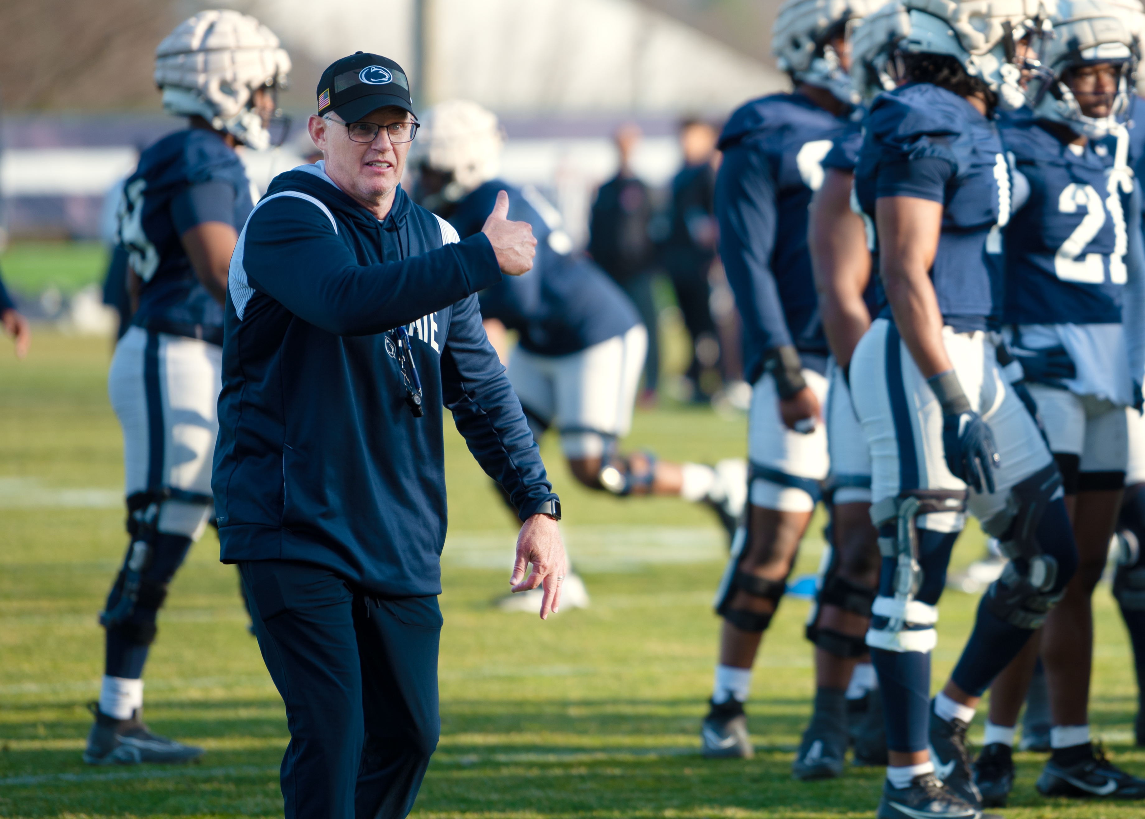 Penn State defensive coordinator Tom Allen instructs his players during spring football practice in State College.