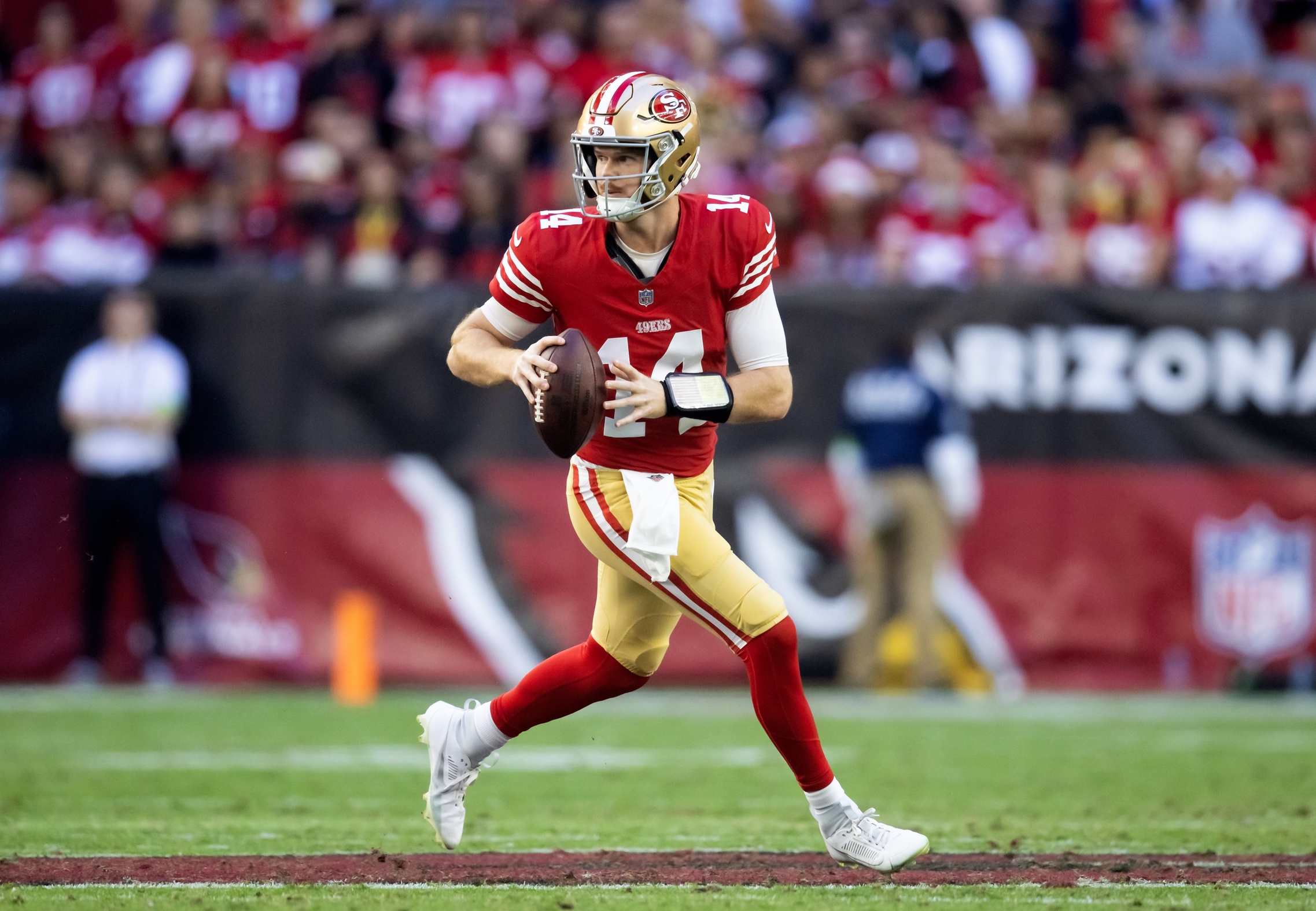 Dec 17, 2023; Glendale, Arizona, USA; San Francisco 49ers quarterback Sam Darnold (14) against the Arizona Cardinals at State Farm Stadium.