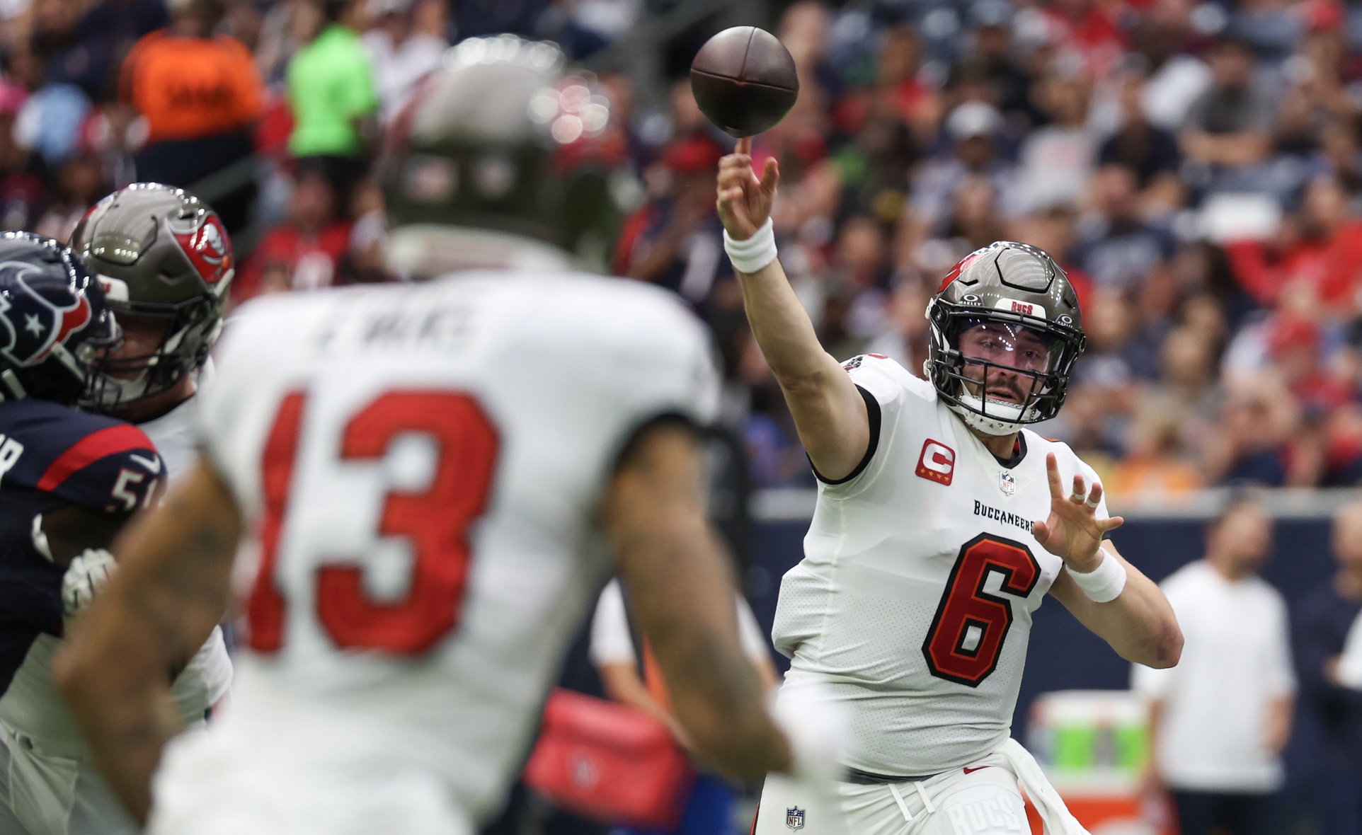 Tampa Bay Buccaneers quarterback Baker Mayfield (6) passes to receiver Mike Evans (13) against the Houston Texans. Mandatory Credit: Thomas Shea-USA TODAY