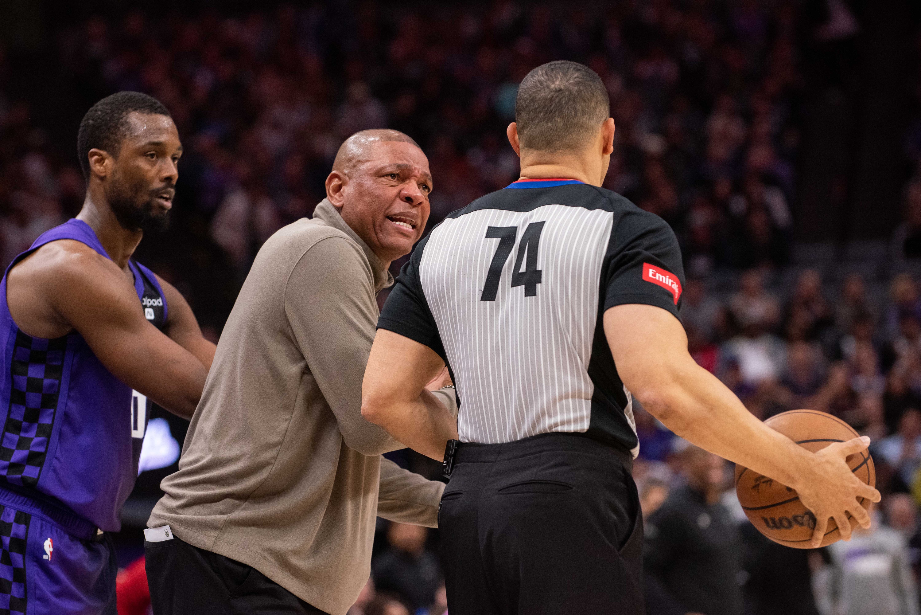 Milwaukee Bucks head coach Doc Rivers argues a call with referee Curtis Blair during the second quarter at Golden 1 Center.